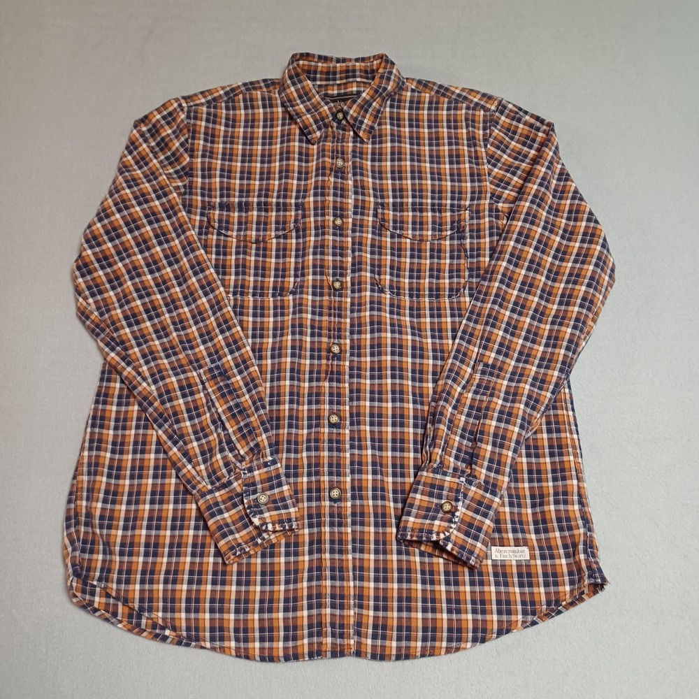 Abercrombie & Fitch Mens Medium Orange Navy Blue Plaid Cotton Button Down‎ Shirt